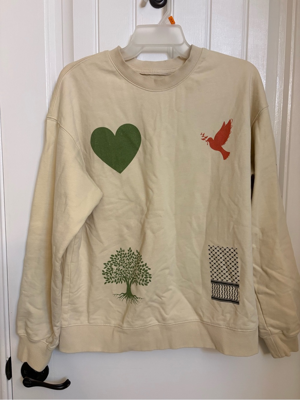 Cream Graphic Crewneck Sweater with Green Heart & Tree